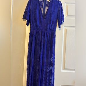 GB DILLARDS Cobalt Blue Partial Sheer Maxi Lace Dress, M, DRY CLEANED!